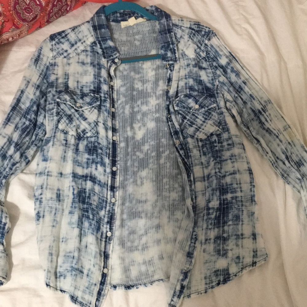 Blue acid wash flannel button down love stich